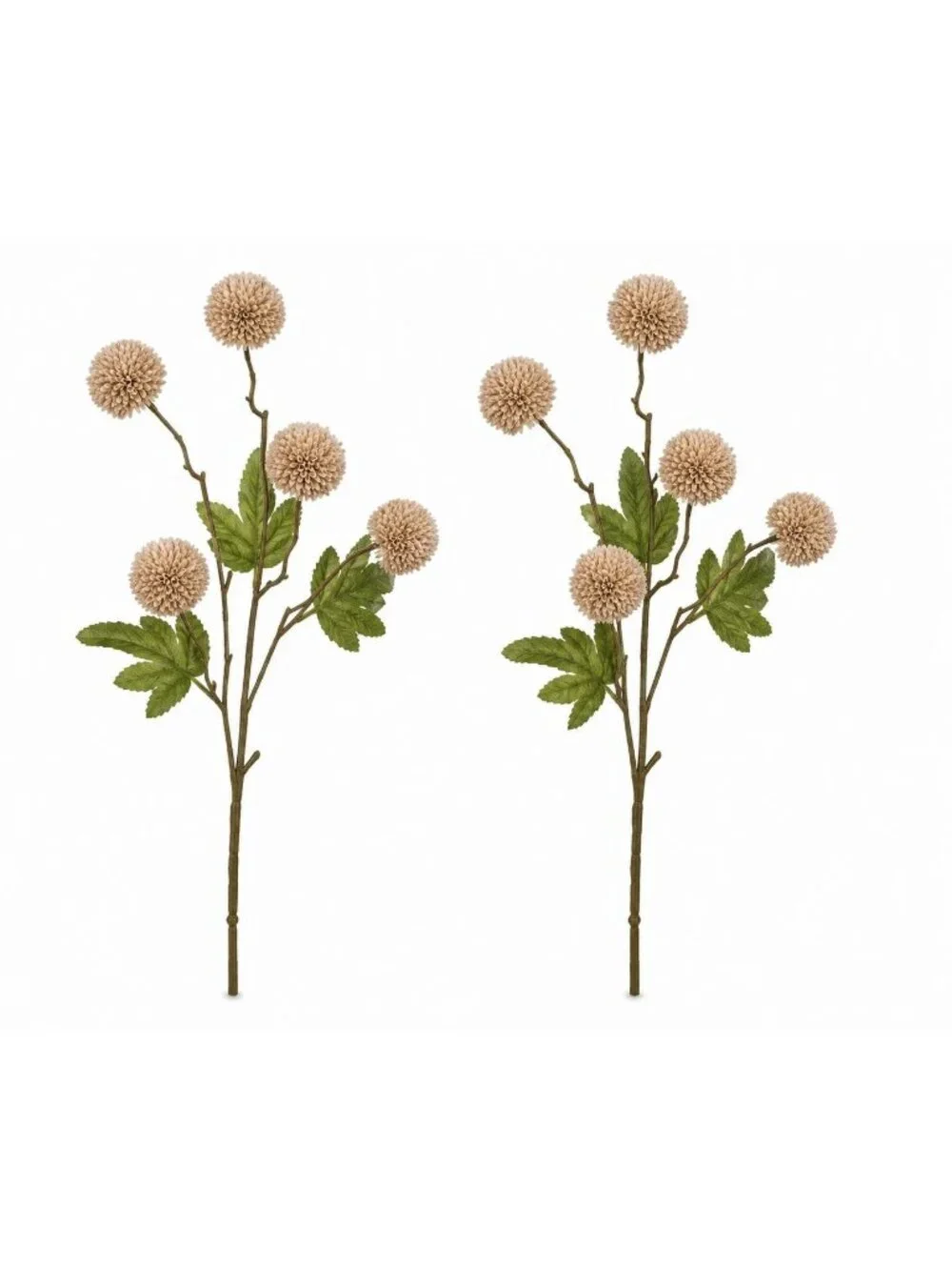 Warm Taupe Beige Pom Pom Chrysanthemum Stems Set of 2, 20 Inch Artificial Silk F